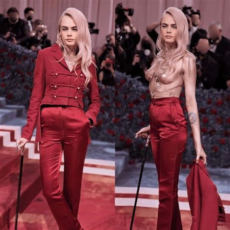 cara delevingne topless|Met Gala 2022: Cara Delevingne goes topless in dazzling gold。